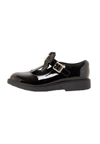 Sandală Mary Jane din piele patent neagră, cu vârf rotund, cataramă decorativă și talpă din cauciuc texturat negru. Dispunând de un design cu curea în T.