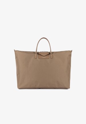 Large taupe tote bag with double handles, a zip closure, and a small leather flap pocket on the front.