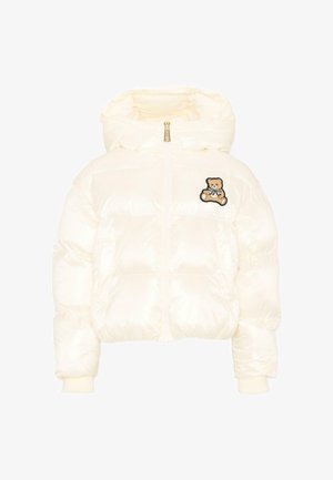 Crèmegekleurde gewatteerde jas met capuchon, ritssluiting aan de voorkant, zijzakken en een klein teddyberenapplicatie op de borst.