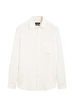 Koszula z długim rękawem w kolorze kremowym, wykonana z lekkiego lnu, z kołnierzykiem zapinanym na guziki i jedną kieszenią na piersi. Charakteryzuje się luźnym krojem.
