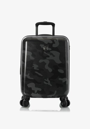 Black hard-shell suitcase with a grey camouflage pattern, retractable handle, and four multi-directional wheels for easy mobility.