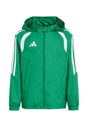 Grøn sportshoodie med hvide striber på ærmerne og hvidt logo foran, med fuld foran lynlås og elastiske manchetter.