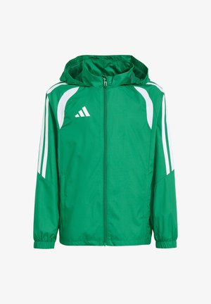 Grüne Sportjacke mit Kapuze, weißen Streifen an den Ärmeln und weißem Logo vorne, mit durchgehendem Reißverschluss und elastischen Bündchen.