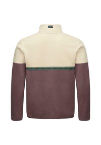 Sudadera de forro polar en crema y malva con un cuello alto, que presenta un patrón de rayas horizontales en la espalda en tonos azules y verdes.