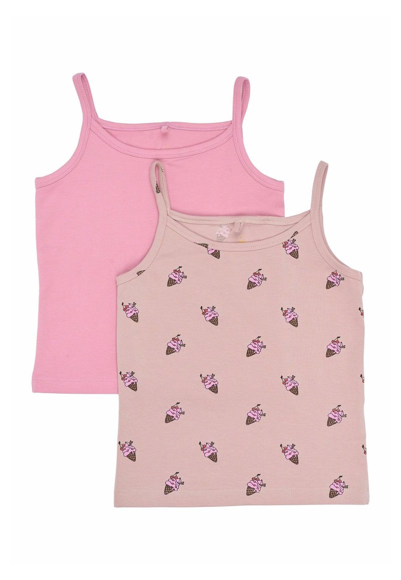 Due top senza maniche per ragazze, uno di colore rosa solido e l'altro beige con un motivo di coni gelato rosa, entrambi con spalline sottili.
