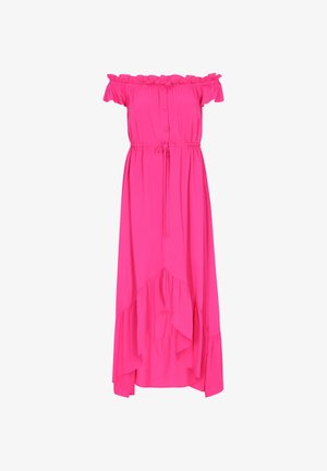 Jasnoróżowa sukienka odsłaniająca ramiona, z przodem zapinanym na guziki, talią z regulowanym sznurkiem i falbanistym asymetrycznym dołem.