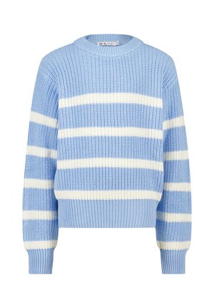 Jasnoniebieski dziergany sweter z białymi poziomymi paskami na klatce piersiowej i rękawach, z prążkowanym, okrągłym dekoltem i mankietami.