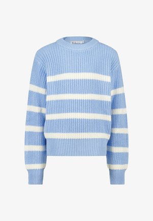 Lichtblauwe gebreide trui met witte horizontale strepen over de borst en mouwen, voorzien van een geribde ronde hals en manchetten.