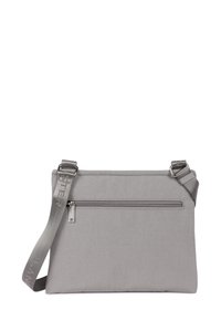 Borsa a spalla in tessuto grigio con tasca con cerniera, tracolla regolabile e texture liscia. Presenta un design minimalista con un marchio discreto.