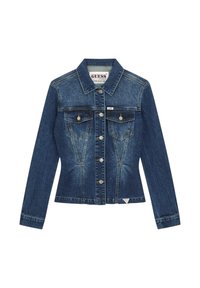 Veste en denim bleu foncé avec fermeture à boutons, deux poches à rabat sur la poitrine, et étiquette de marque sur la poche et à l'intérieur du col.