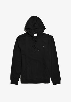 Zwarte hoodie met een kangoeroe-pocket, een capuchon met koord en een klein logo op de borst. Gemaakt van een zachte, iets gestructureerde stof.