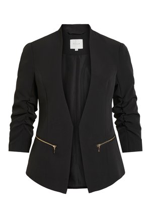 Black blazer with a notched collar, ruched long sleeves, and two gold zippered pockets at the front, constructed from smooth fabric.