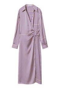 Violetin ja valkoisin raidoitin varustettu mekko, jossa on kaulus, pitkät hihat, sivuosa, jossa on solmimis yksityiskohta ja kietoutumisdesign. Liukas kangas, jossa on kevyt kiilto.