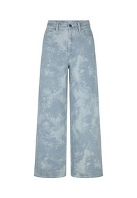 Svetlo modri široki jeans hlače z teksturiranim, zbledelim vzorcem. Imajo visok pas, gumbno zapiranje in velike sprednje žepe.