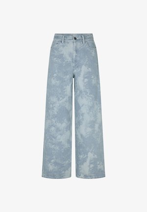 Lyseblå denim brede bukser med et tekstureret, falmet mønster. Har høj talje, knaplukning og store forlommer.