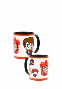 Tazza in ceramica con interno e manico neri, con il simbolo di Gryffindor e personaggi dei cartoni animati in accenti rossi e gialli.