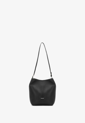 Mustast nahkarest on ümar kuju, reguleeritava rihmaga ja peente tekstuuriga detailidega. Esipaneelil on logo.