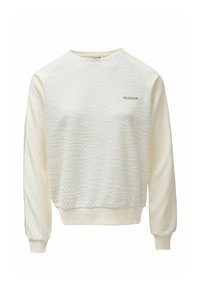 Sudadera de color crema con parte frontal texturizada y mangas de un solo color. Presenta un cuello redondo y puños acanalados. Sutil marca en el pecho.
