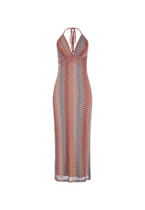 Maxi dress featuring a deep V-neck, halter straps, and a multicolored wave pattern in red, beige, blue, and purple. Made from a textured knit fabric.