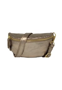Sac bandoulière en bronze métallique avec une forme incurvée, fermeture à glissière et bandoulière ajustable. Texture lisse avec des accents en matériel doré.