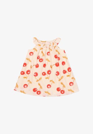 Bezrekawowa kremowa sukienka dla malucha z falbanką przy dekolcie, ozdobiona wzorem czerwonych wiśni i beżowych liści.