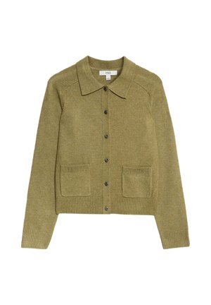 Olivgrüner Cardigan aus strukturiertem Strickstoff, mit Kragen, vorderer Knopfverschluss und zwei aufgesetzten Taschen.