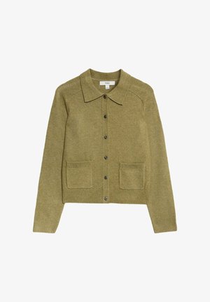 Cardigan vert olive en tissu tricoté texturé, avec un col, une fermeture à boutons à l'avant et deux poches plaquées.