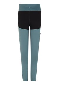 Sportleggings met een hoge taille, met een teal bovenstuk en een zwart onderstuk, een gladde textuur en een zijvak met ritssluiting.