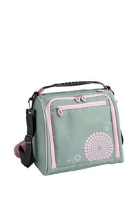 Groen en roze geïsoleerde tas met twee met rits afsluitbare compartimenten, een gestructureerde buitenkant en een ontwerp met een cirkelvormig patroon. Inclusief verstelbare riem.