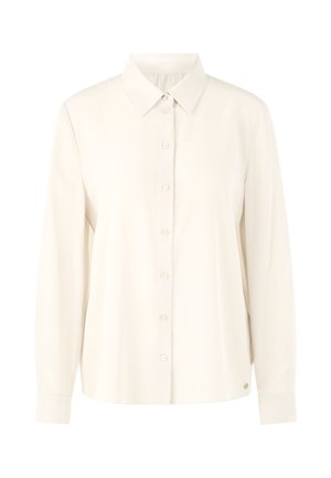 Long-sleeve, collared shirt in soft cream fabric. Features a button-down front with matching buttons and a relaxed fit.