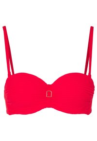 Piros bandeau bikini top finom redőzéssel, állítható pántokkal és fém csattal az elején. Simább textúra.