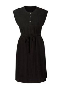 Robe noire à manches courtes, avec patte de boutonnage, corsage plissé et taille nouée. Fabriquée en tissu léger, offrant une coupe décontractée.