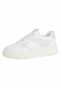 Baskets blanches avec un dessus en cuir texturé, un bout arrondi et une semelle épaisse à stries. Comprend des lacets et un col doux et rembourré.