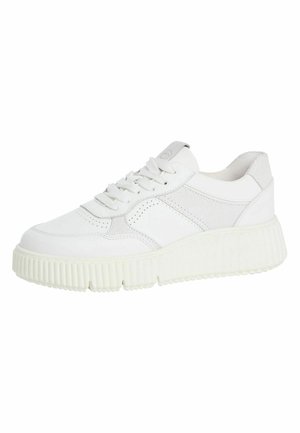 Weißer Sneaker mit einem strukturierten Lederoberteil, runder Zehenpartie und dickem, geriffelten Sohlen. Verfügt über Schnürsenkel und einen weichen, gepolsterten Schaft.