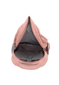 Zaino in tessuto rosa con interno grigio, dotato di apertura con zip e manico. Texture liscia e design minimale, senza motivi visibili.