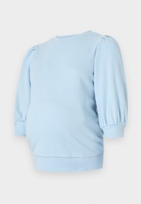 Sweatshirt de maternidade azul claro com mangas curtas bufantes, decote redondo e bainha ajustada na parte inferior. Tecido macio e elástico.