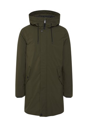 Long olive green parka jacket with a quilted hood, front zipper, snap buttons, and side pockets. Smooth texture, designed for warmth.