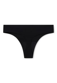 Zwarte naadloze string ondergoed met een brede tailleband, gladde stof en minimale stitching, plat gelegd op een witte achtergrond.