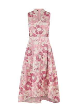 Abito midi senza maniche con motivo floreale rosa e bianco, collo alto impreziosito da perle e orlo leggermente più lungo sul retro.