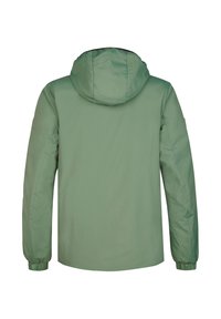 Grüne, wattierte Jacke mit Kapuze. Verfügt über elastische Bündchen und eine glatte Textur. Rückansicht zeigt keine sichtbaren Taschen oder Markendetails.