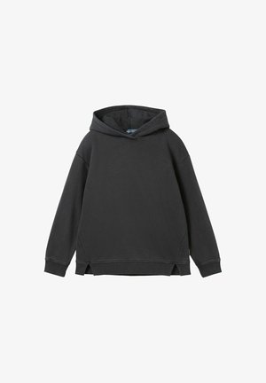 Schwarzer Kapuzenpullover, Mischgewebe, mit einem entspannten Schnitt, seitlichen Schlitzen am Saum und gerippten Bündchen. Glatte Textur, minimalistisches Branding.