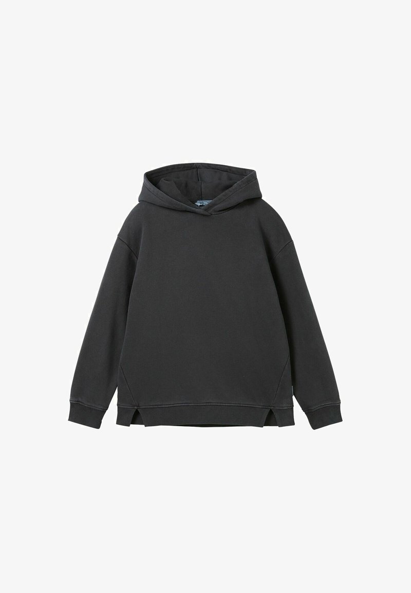 Czarna bluza z kapturem, mieszanka bawełny, o luźnym kroju, z rozcięciami po bokach u dołu i ściągaczami u rękawów. Gładka struktura, minimalne logo.