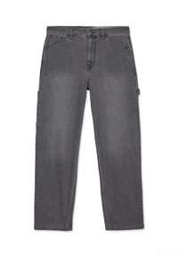 Jean denim gris foncé à jambes droites avec poches avant, passants pour ceinture et fermeture par bouton à la taille, présenté à plat sur un fond blanc.