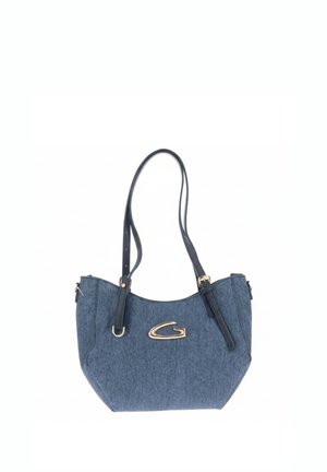 Borsa in denim blu con doppi manici neri e logo "G" dorato sul davanti su sfondo bianco.
