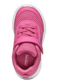 Pink children's sneaker with mesh fabric, Velcro strap, laces, and white sole, branded "Geox Respira" inside the shoe.