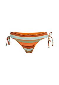 Oranžové bikiny s horizontálnymi pruhmi v modrej, zelenej a hnedej farbe. Obsahujú šnúrky na oboch stranách a rebrovanú textúru.