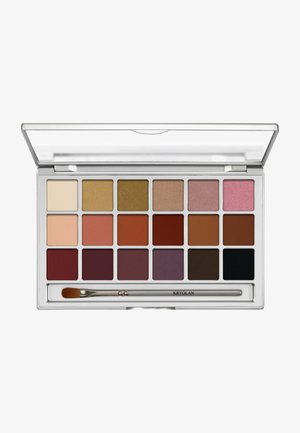 Eyeshadow palette with 18 colors in neutral, pink, brown, and purple shades, plus a silver makeup brush inside a clear-lid case.