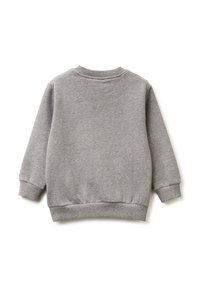 Felpa grigia in tessuto morbido, con maniche lunghe, scollatura rotonda, polsini a costine e un design semplice e privo di decorazioni.