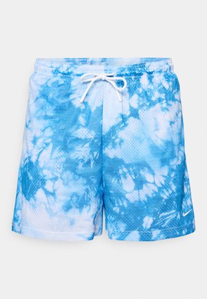 Blue tie-dye swim shorts made of breathable material, featuring a mesh texture, elastic waistband with drawstring, and a small logo at the hem.