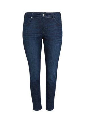 Jeans in denim blu scuro con un taglio slim, caratterizzati da un classico design a cinque tasche, chiusura con bottone e dettagli di sbiadimento discreti lungo le cosce.